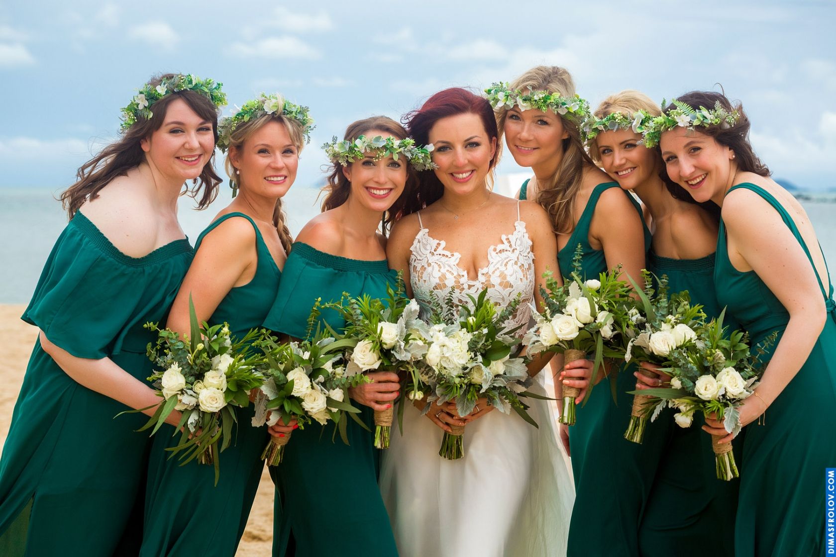 Bride with bridesmaids in green dresses — beach wedding with natural boho vibe