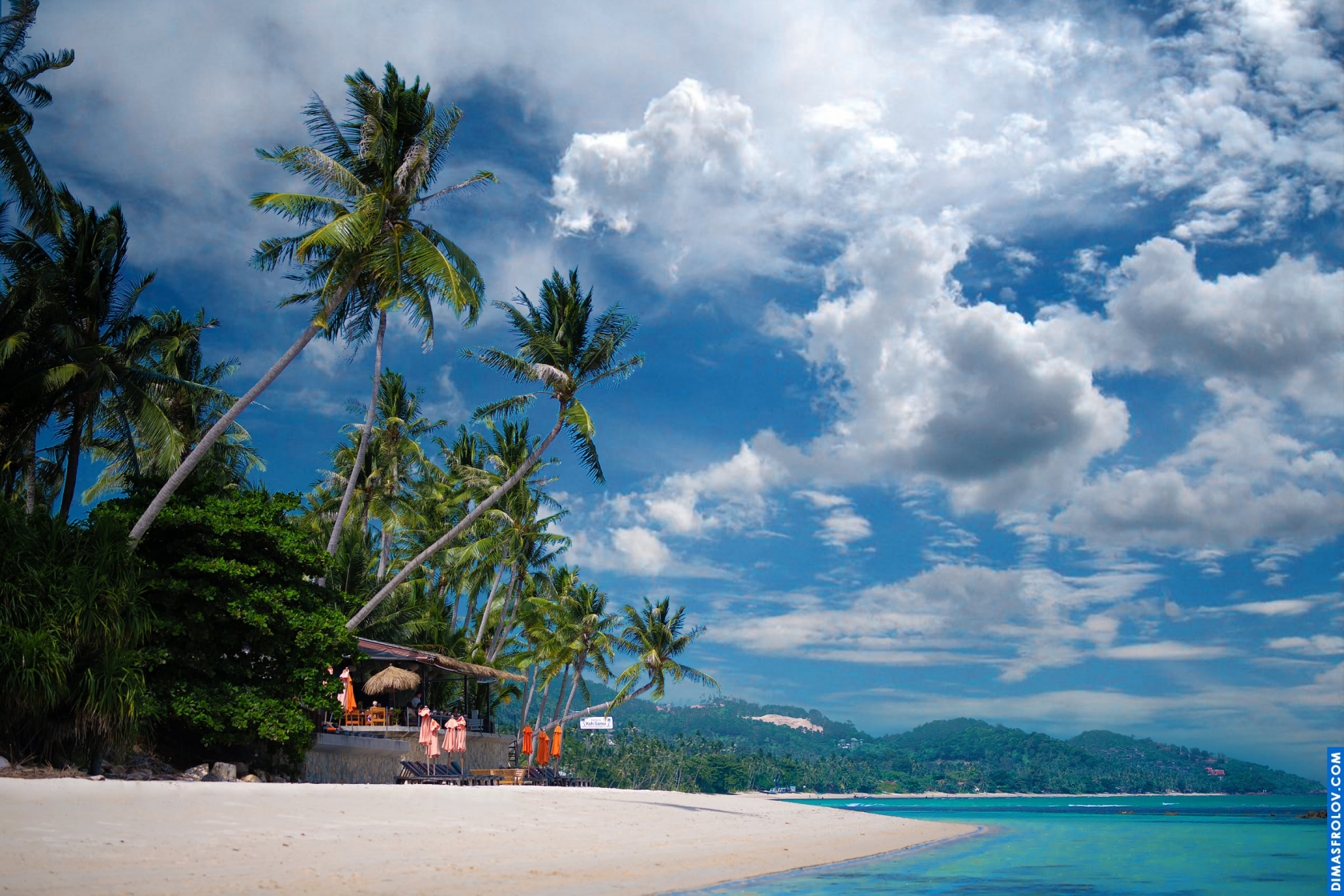 ชายหาดเขตร้อนที่มีต้นปาล์มและกระท่อมเล็กๆ ใต้ท้องฟ้าสีครามมีเมฆบางส่วน
