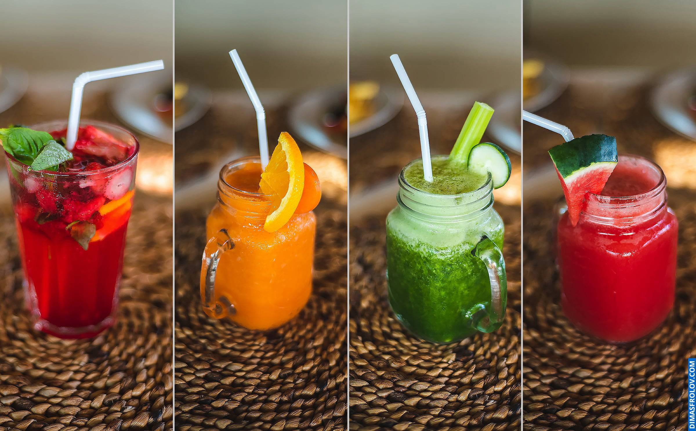 Life-style shot in natural light featuring a collage of vibrant fruit and vegetable juices in mason jars, ideal for health food bloggers and cafes promoting fresh and natural drinks