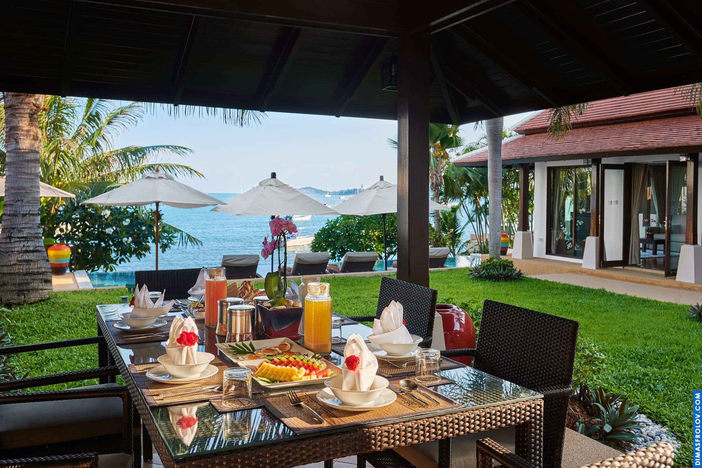 Outdoor dining luxury: elegantly set table on a terrace with garden views