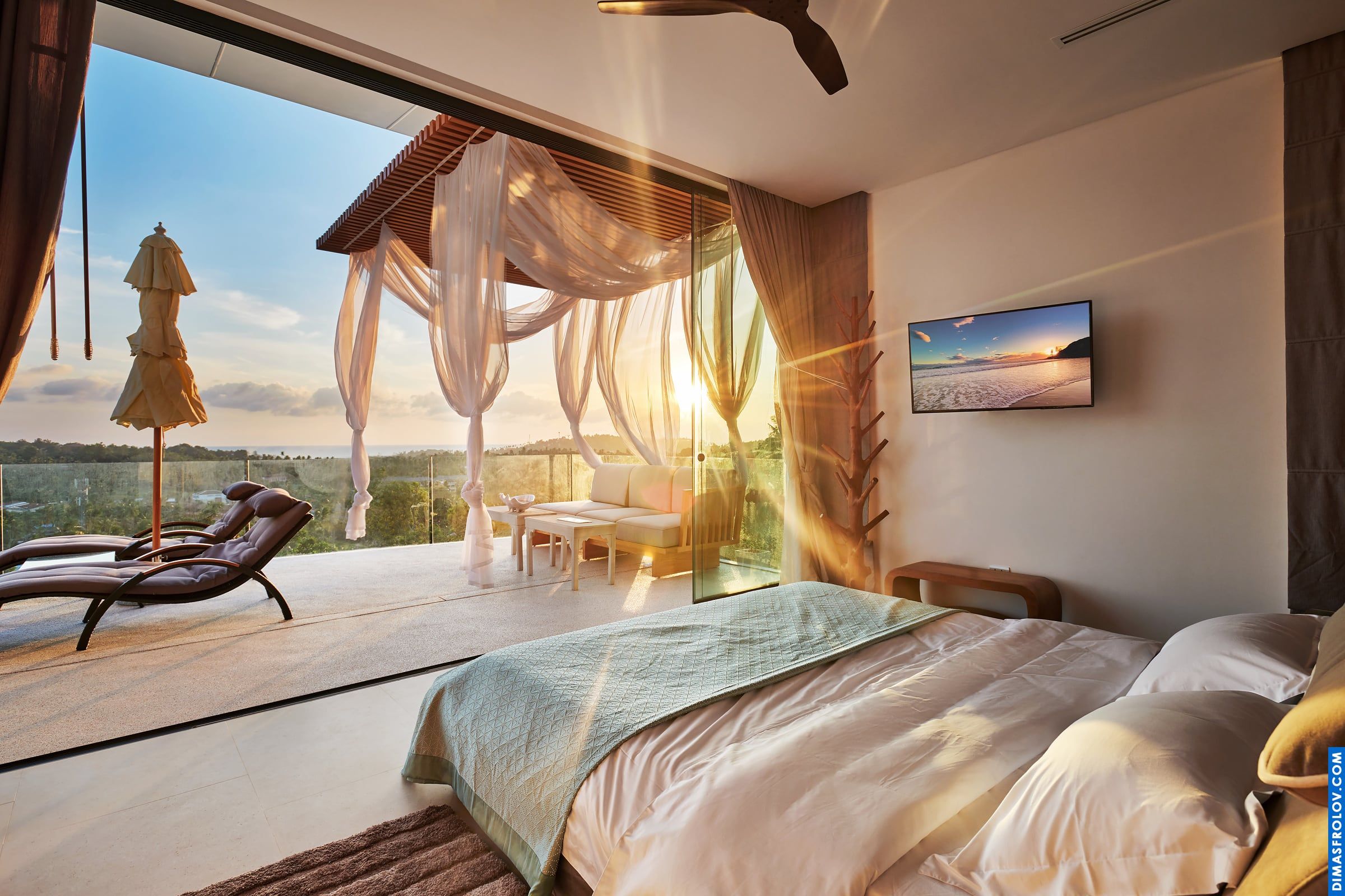 Cozy bedroom design: warm lighting and comfortable furniture in a stylish interior
