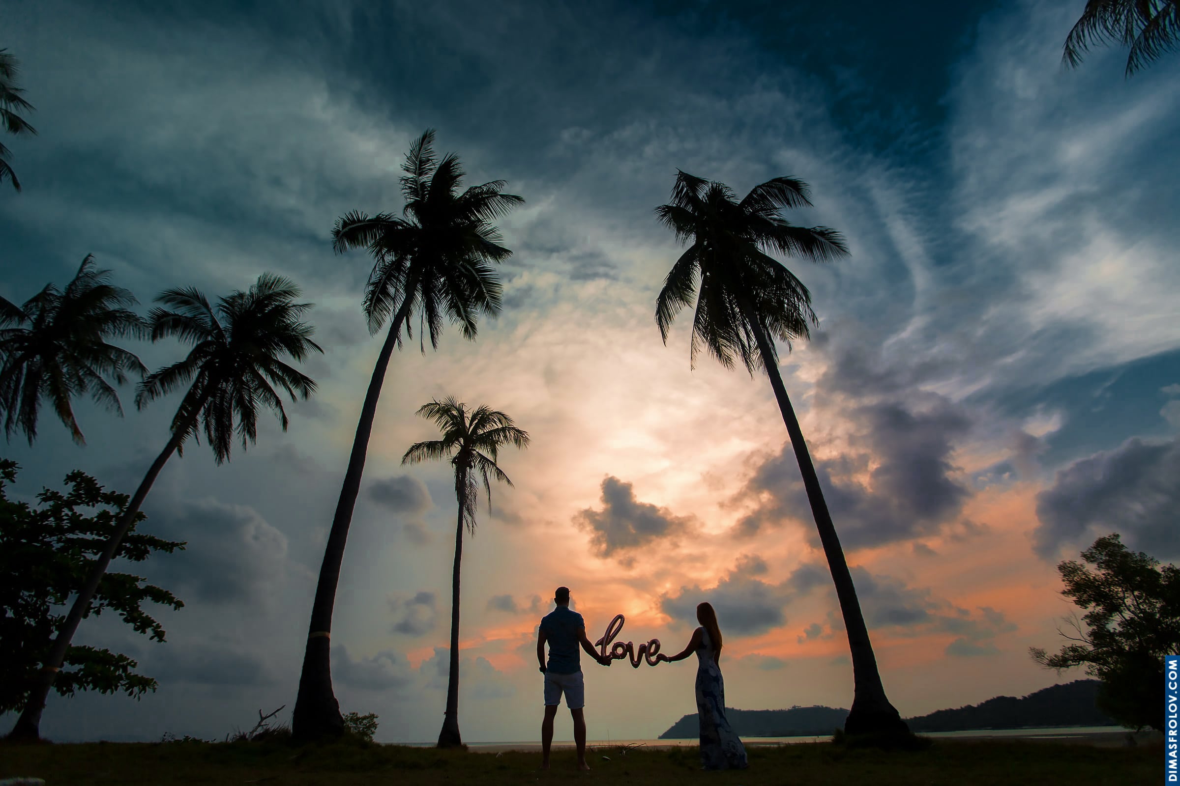 Silhouette engagement photo under dramatic sky and tall palm trees