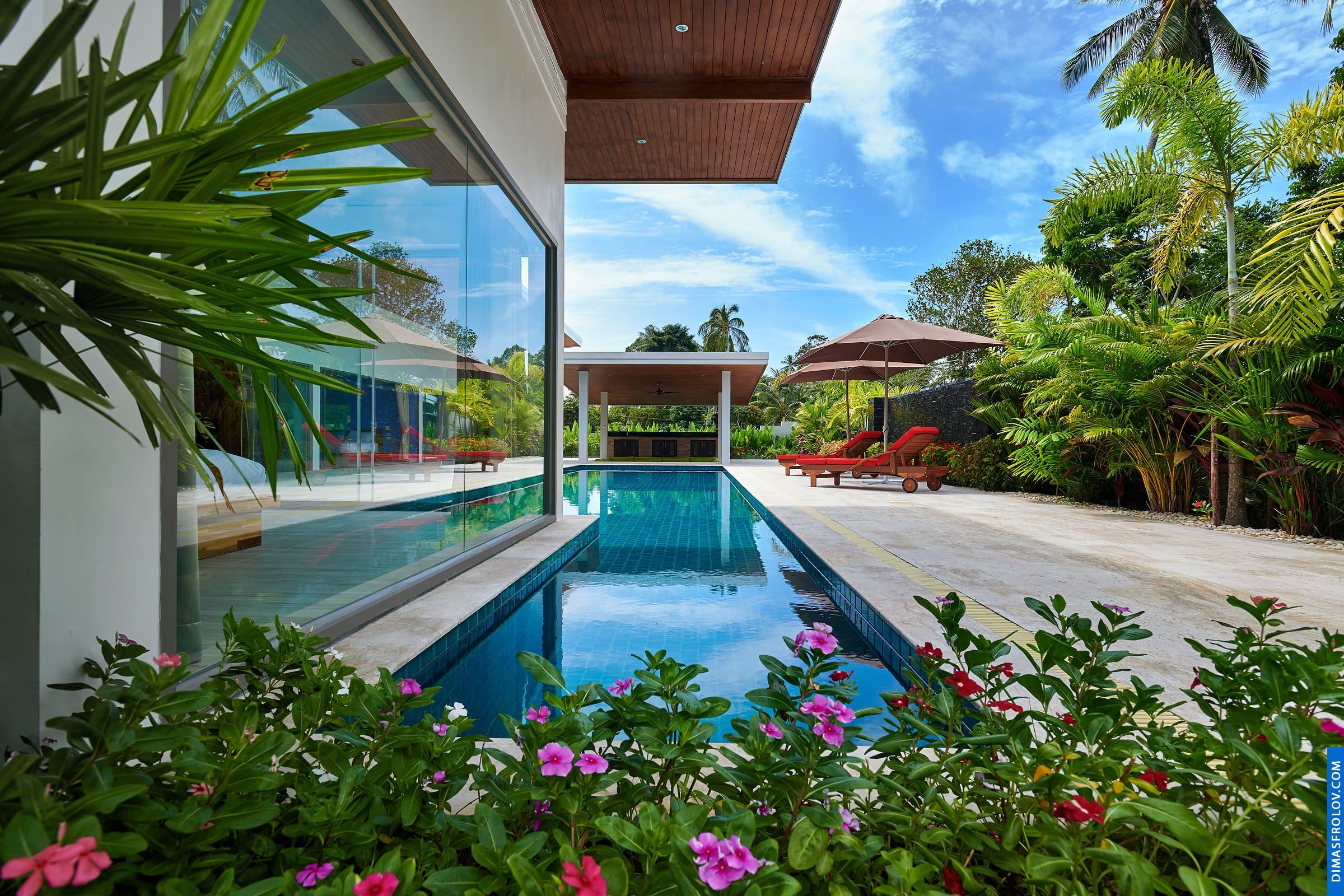 Tropical villa exterior: private pool surrounded by lush greenery and stylish architecture
