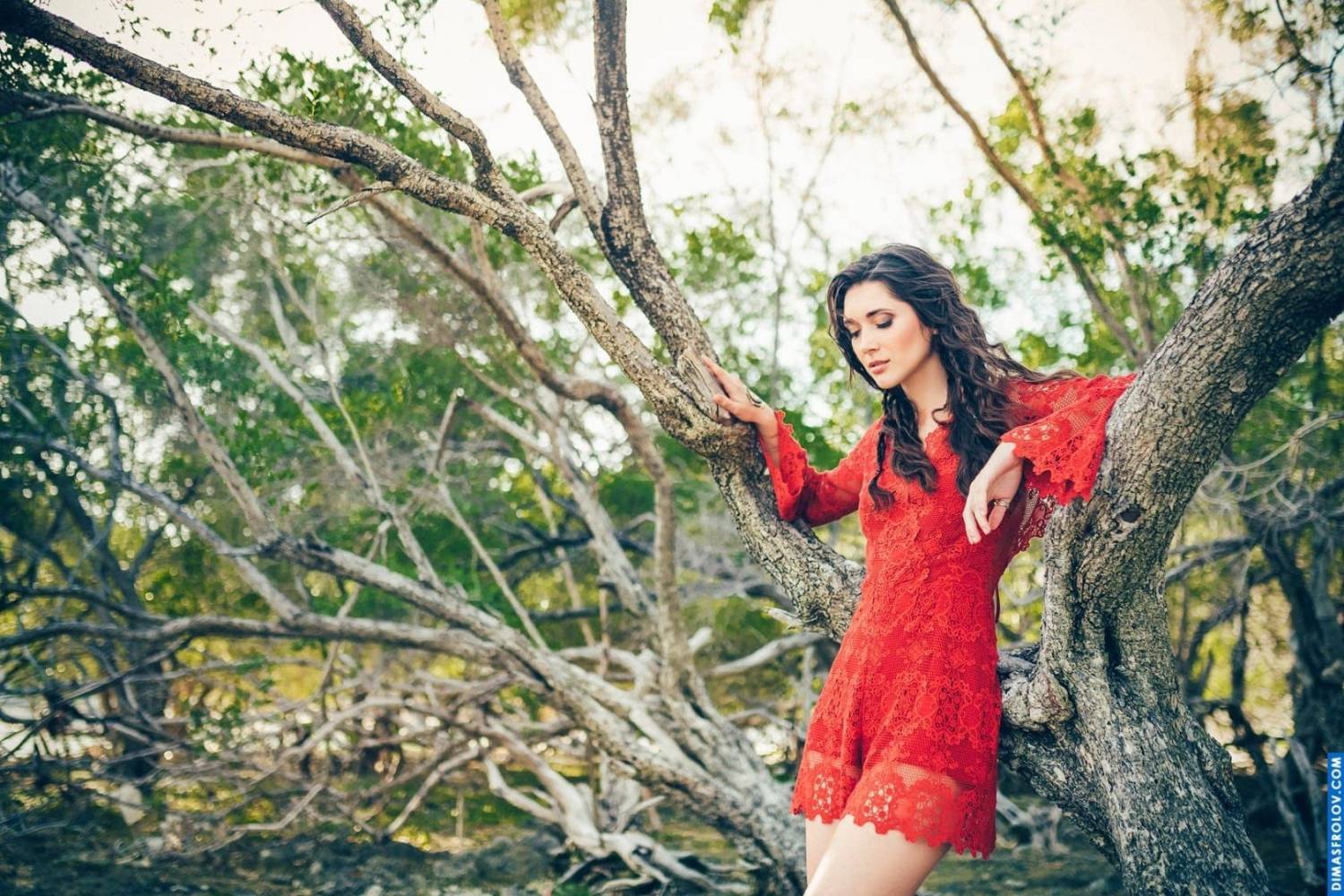 Artistic portrait of a girl in a red dress among tree branches
