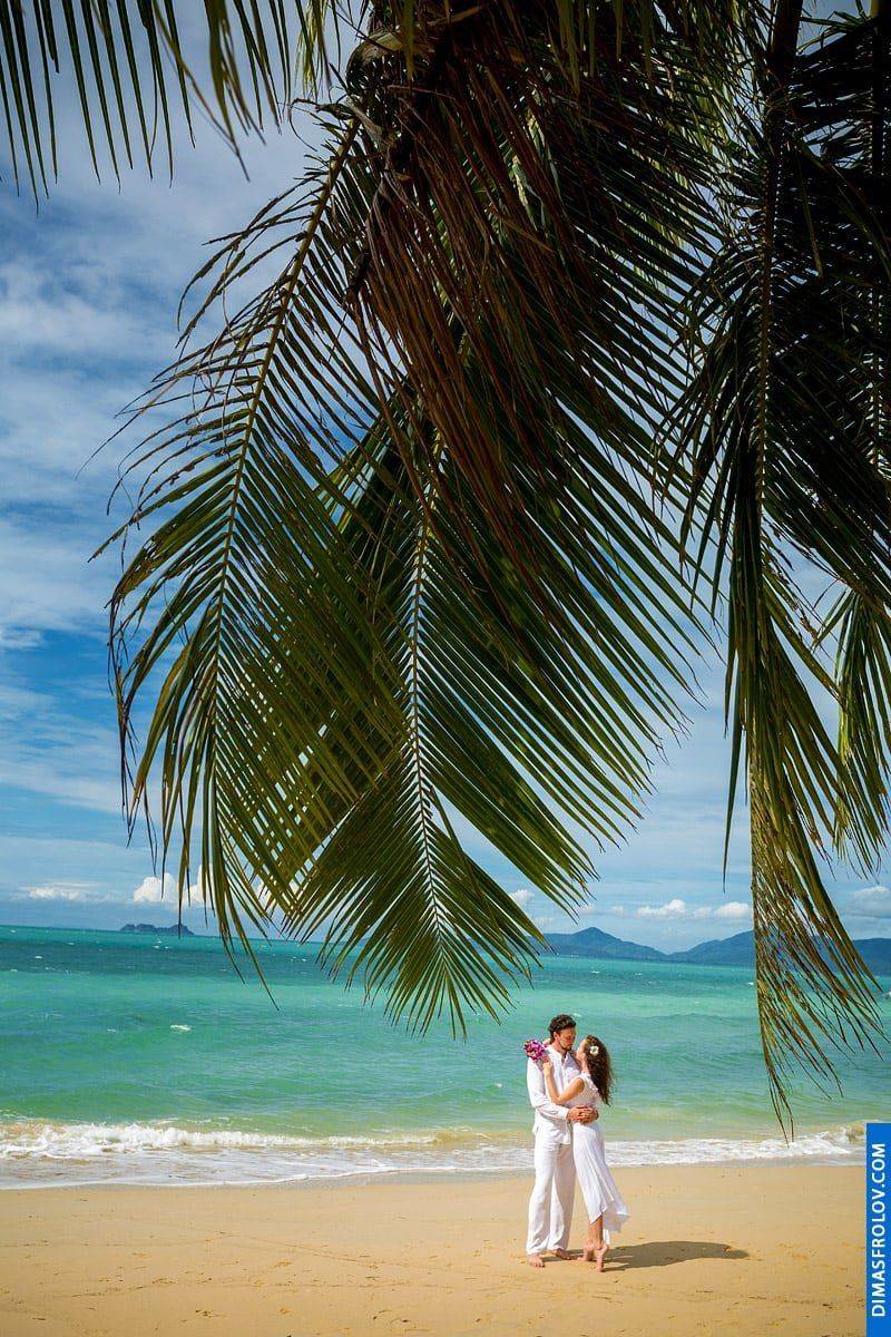 Engagement photo shoot on a tropical beach framed by palm leaves